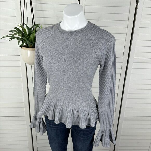 Jonathan Simkhai Gray Ribbed Bell Sleeve Sweater Top Wool Cashmere Blend Size XS - Picture 1 of 9